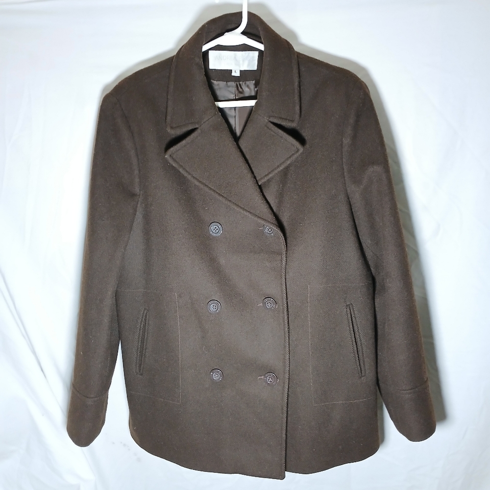 Andrea Brem New York Brown Wool Peacoat Jacket Size L – Merino & Lambswool Blend